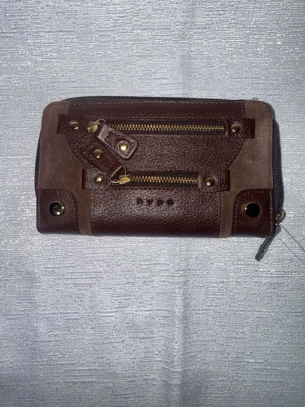 Hype Brown Leather and Suede Bifold Zip-Around Wallet